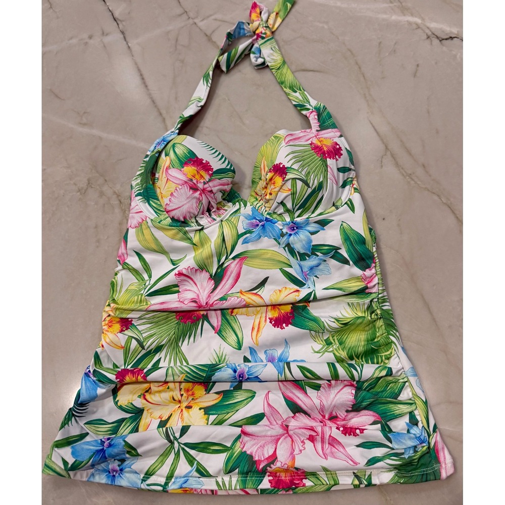 Tommy Bahama Floral Halter Tankini Top White Tropical Orchid Ruched Small S/P-C